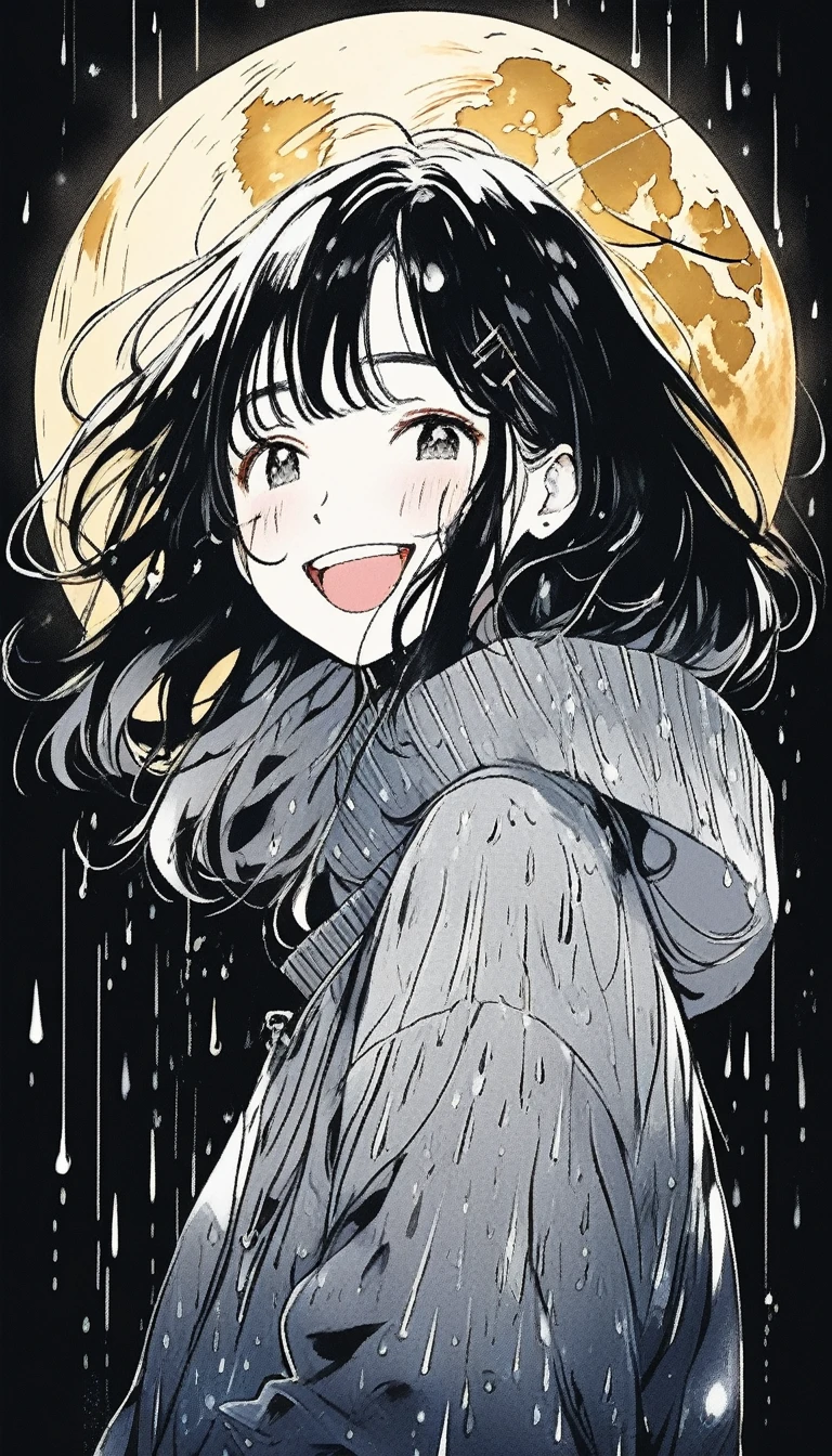Illustrator, anime , Realistic ,sketch , smile、Laughing with your mouth open、Abstract rain on background、Shining golden full moon、whole body、1 girl, ,lip, sweater,order, Black gradient background, black髪,Short Bob、blacktshirt、Textured Trim, Canadian, (masterpiece,Highest quality) Cancer
