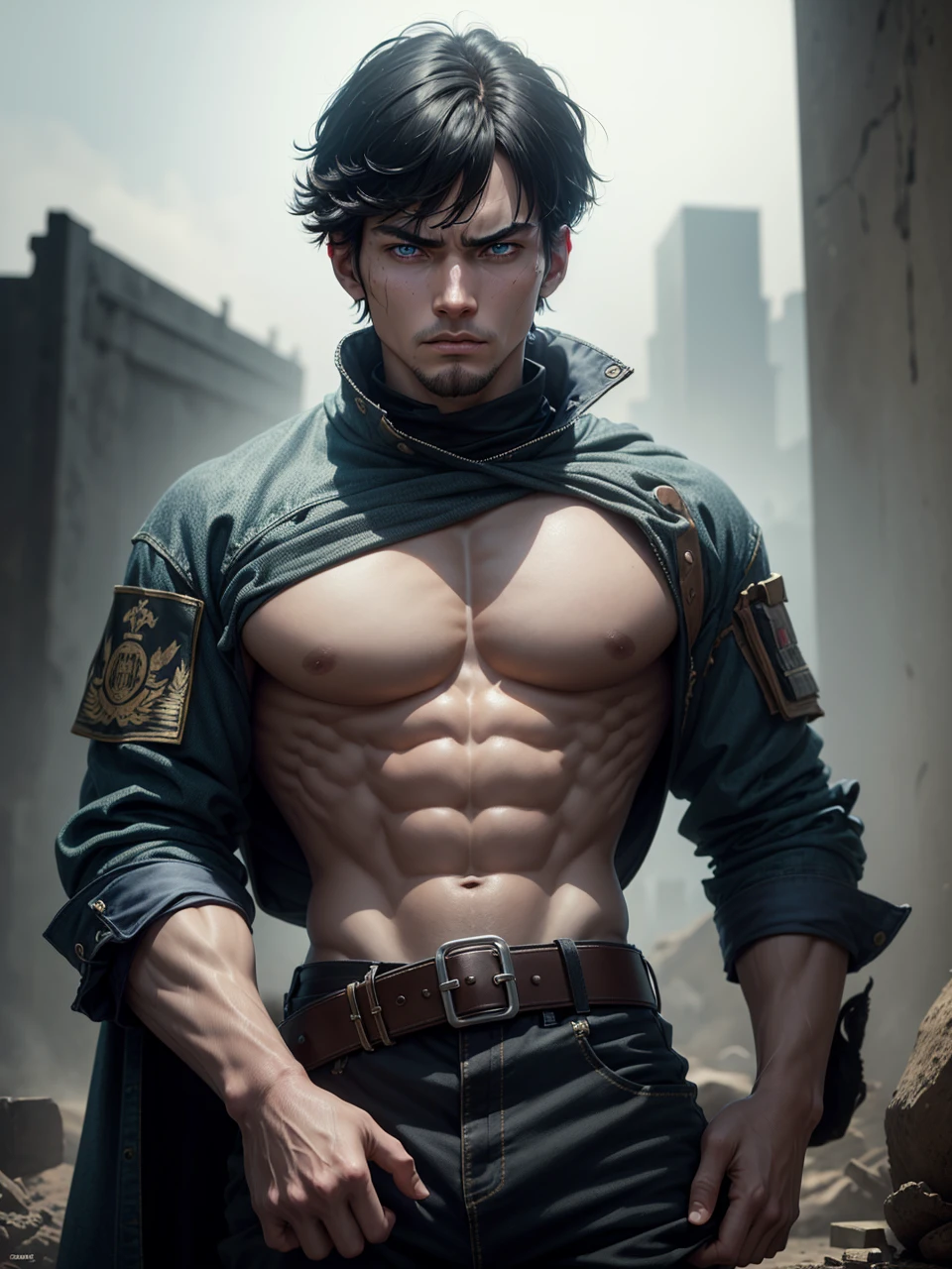 8k, masterpiece, best quality, realistic, higly detailed, cowboy shot, 1boy, solo, Fuutarou, young man, fair skin, black hair, bowl cut, two strands sticking up from the back of his head, bangs that cover his forehead, blue eyes, slim physique, tall build, tends to slouch, serious expression, scary and thuggish vibe, bad guy, Military