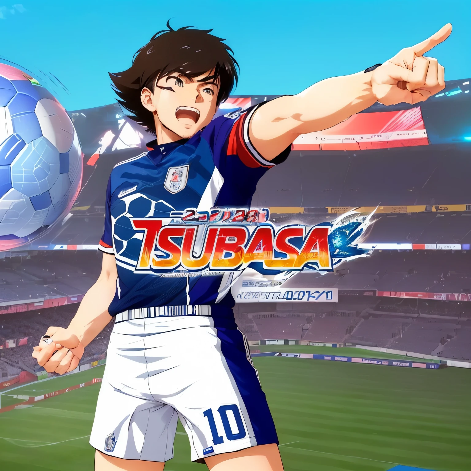 a close up of a person pointing at a soccer ball, inspired by Tsubasa Nakai, tsubasa nakai's style, an epic anime of tuff luck, front cover of a new video game, tv tokyo 2010s anime series, official art, tsubasa hanekawa, otaku gangasta, inspired by Tsuchida Bakusen