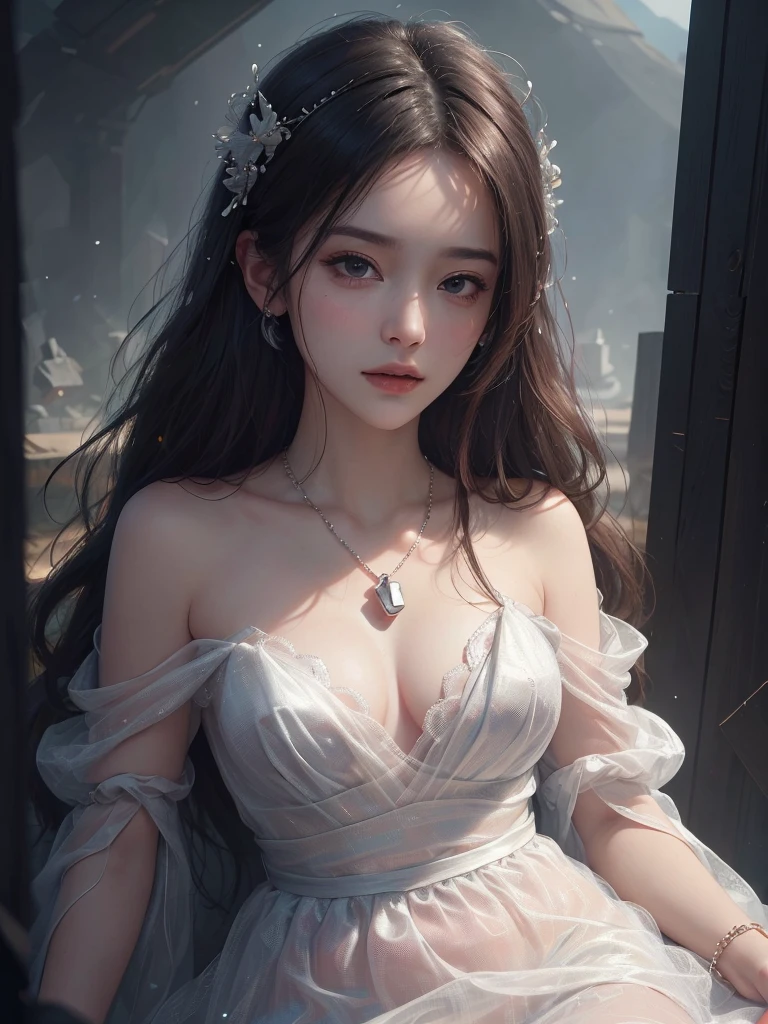 Highest quality, masterpiece, Ultra-high resolution, (Realistic:1.5), RAW Photos, 1 Girl, Off the shoulder, In the Dark, Deep Shadow, Discreet keys, Cold Light, Sexy Looks, Gorgeous Dress、elegant necklace、((Small breasts))、Looking at the audience、See-through 1.5、Close ~ eyes、Open your mouth。(((Ecstasy 1.5)))