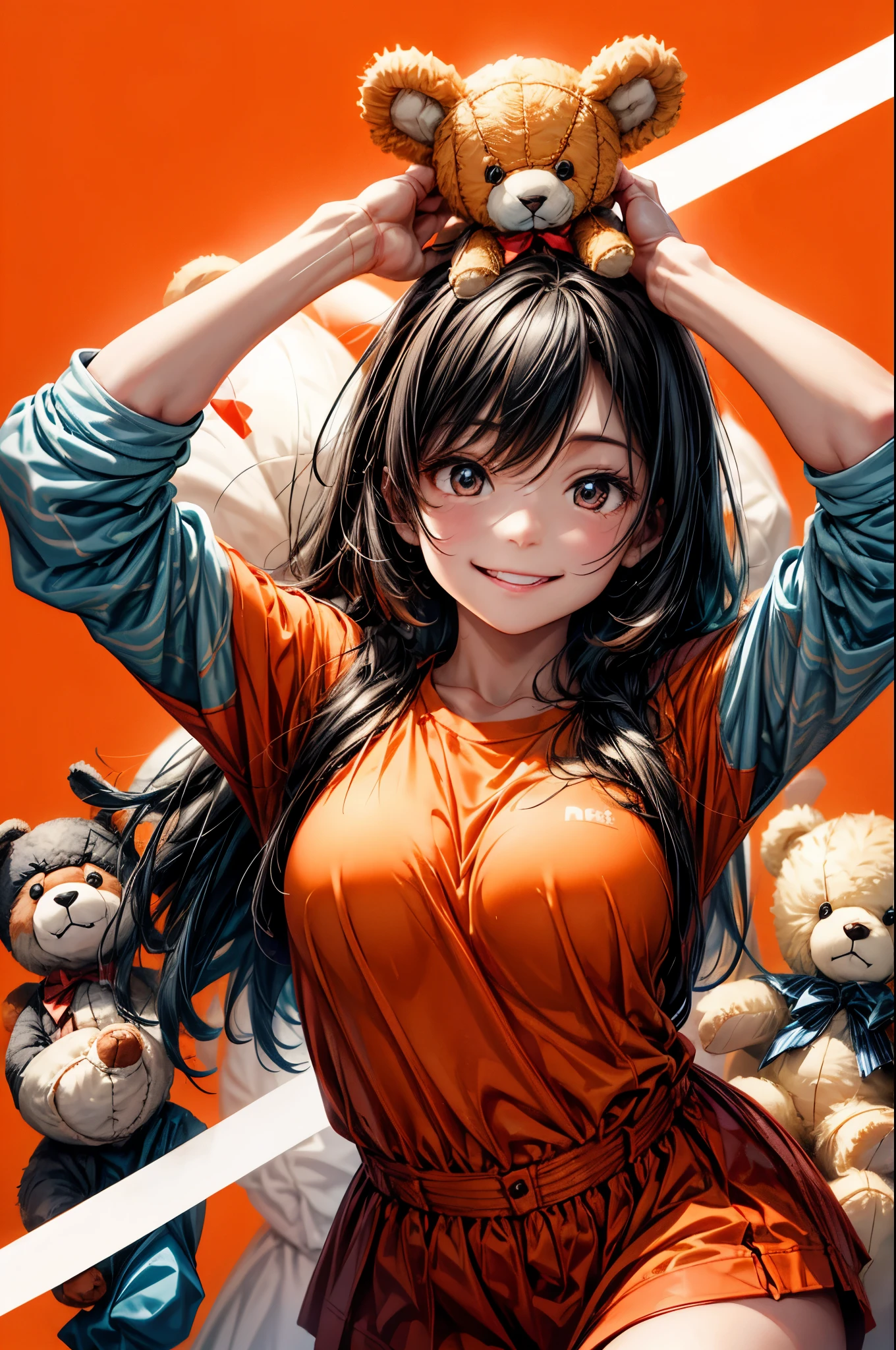 celebration, Give the teddy bear, A big smile, Orange background