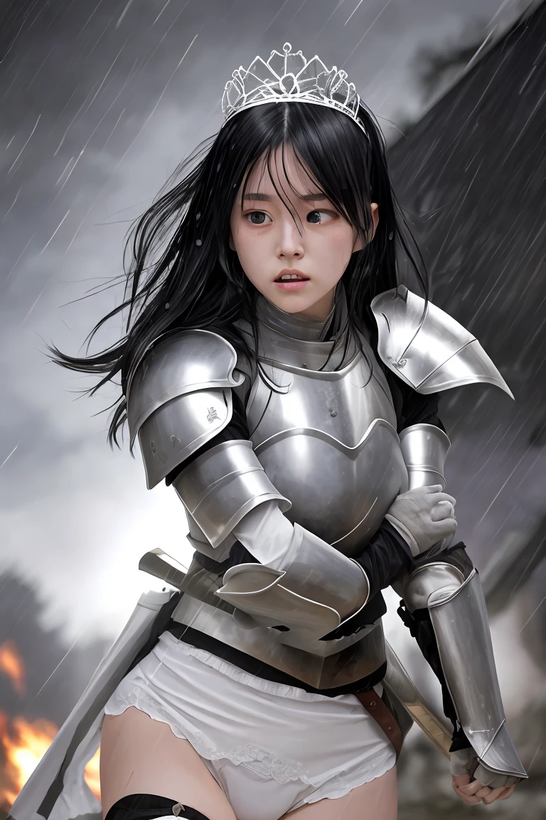 female knight White mini skirt Black Hair hair band armor tiara battlefield In combat White panties heavy rain