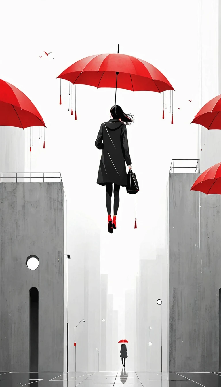 simple,Minimalist illustration,geometry,1pcs red umbrella-suspended in the air,solitary figure