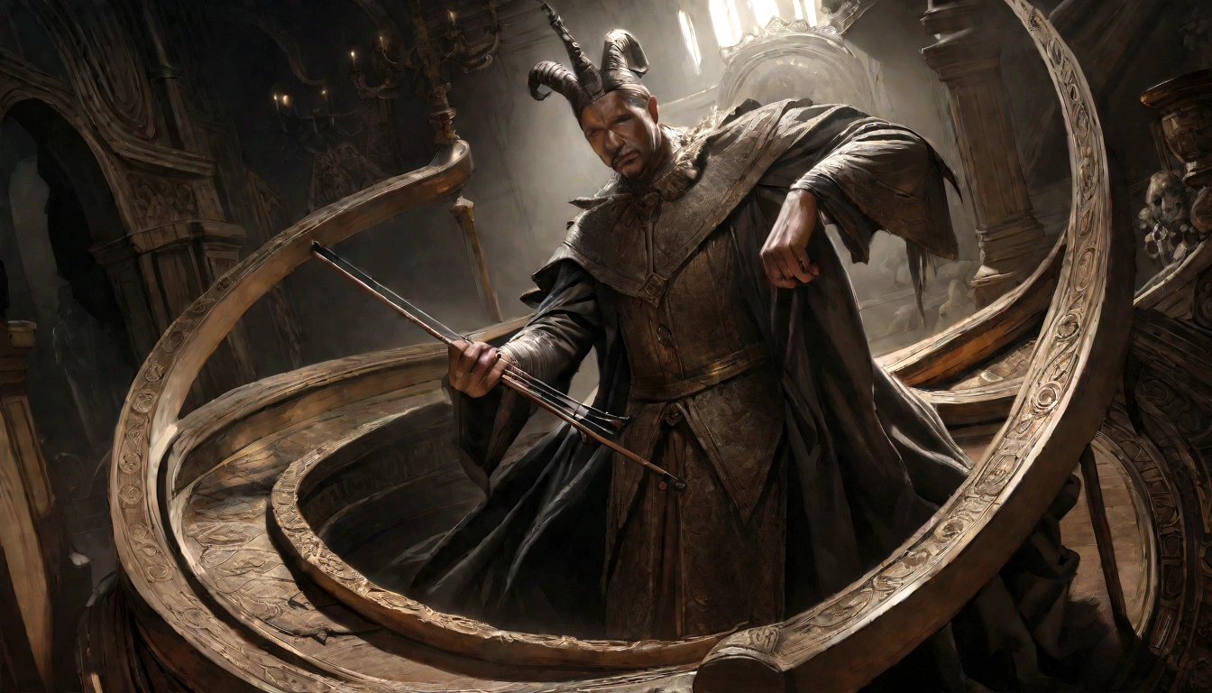a hideous satanic baphomet, goat-headed entity playing a violin on a smoking altar, (best quality,4k,8k,highres,masterpiece:1.2),ultra-detailed,(realistic,photorealistic,photo-realistic:1.37),dark fantasy, occult, chiaroscuro lighting, moody atmosphere, dramatic shadows, sinister, unsettling, ominous