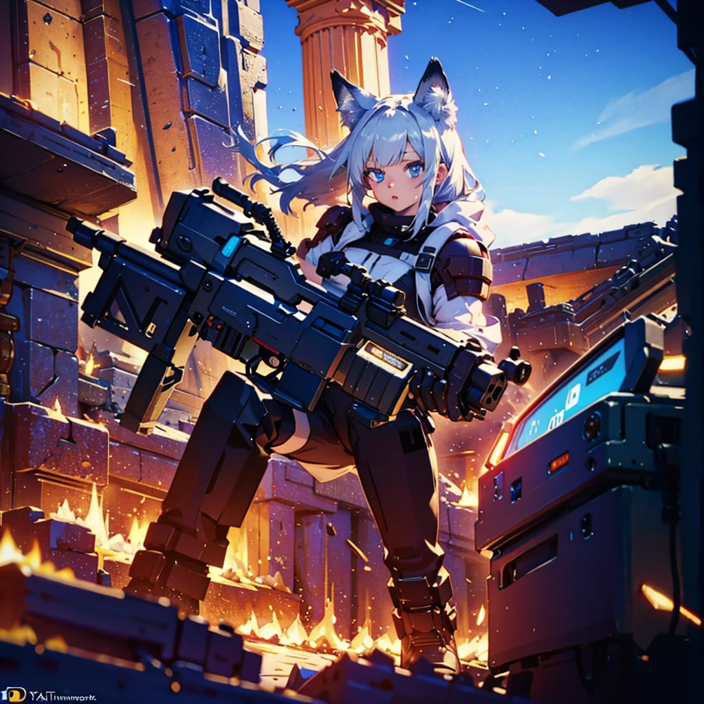 a cute anthro female wolf-girl, beautiful detailed eyes,beautiful detailed lips,extremely detailed eyes and face,longeyelashes, holding an assault rifle, striking action pose, valorant, (best quality,4k,8k,highres,masterpiece:1.2),ultra-detailed,(realistic,photorealistic,photo-realistic:1.37),concept art,fantasy,dynamic lighting,vibrant colors,dramatic shadows