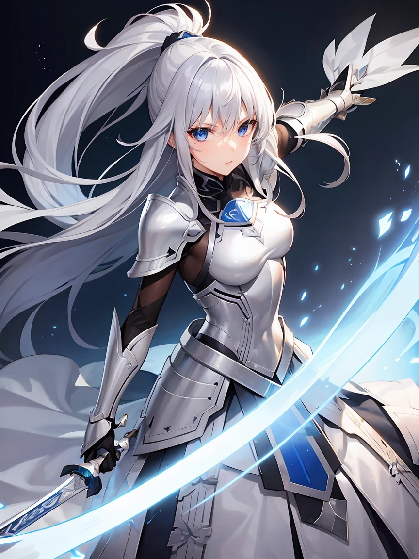 Gray hair straight long、Blue Eyes、One Woman、solo、White Knight、Silver Armor、Clean sword、、Rin々Shii、Focus on the Opponent