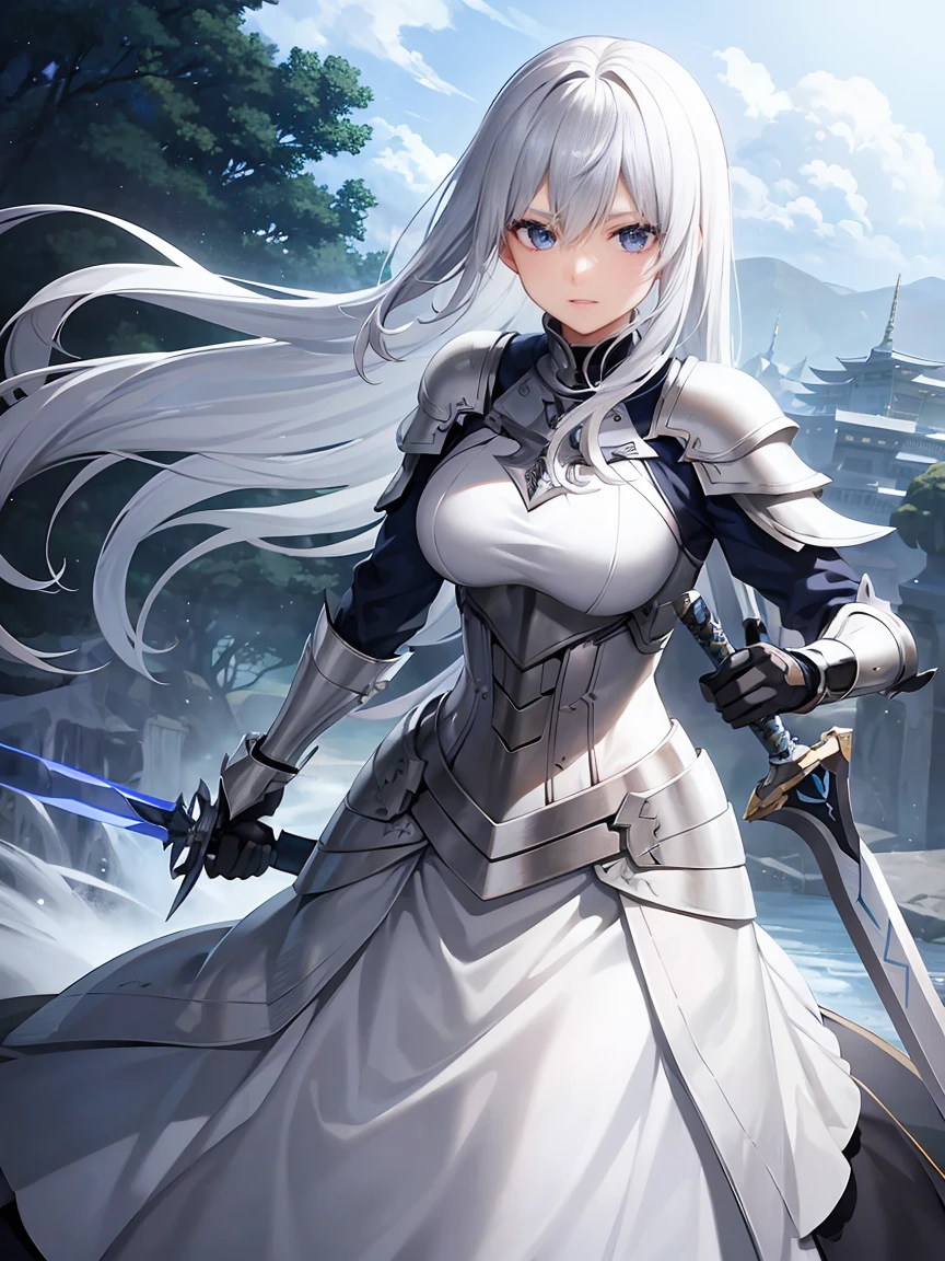 Gray hair straight long、Blue Eyes、One Woman、solo、White Knight、Silver Armor、Clean sword、、Rin々Shii、Focus on the Opponent
