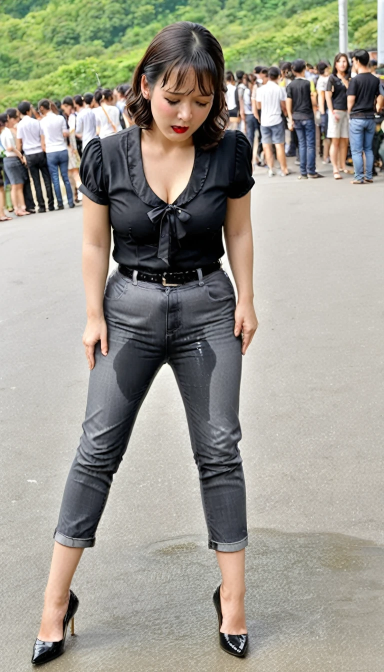 1woman,(masterpiece:1.8),photo-realistic,16k,(beautiful 40s japanese plump lady:1.3),(black frilled blouse:1.4),belt,(denim pants:1.1),pumps,(whimpering:1.6),(panicking:1.6),(crying:1.7),(handing on wetting crotch with both hands:1.2),(Expressway service area:1.4),(crowd kids:1.1),(wetting:1.3),(dripping pee:1.3),long hair,straight hair,black eyes,MILF,curvy,(huge breasts:1.2), makeup,lipstick,eyeliner,mascara,eyeshadow