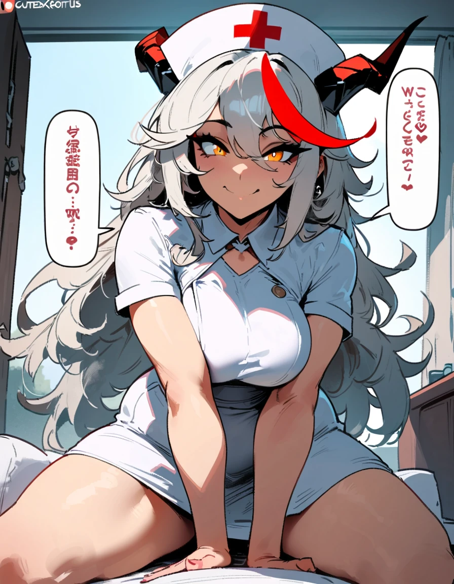 1girl, aegir \(azur lane\), azur lane \\\\\ masterpiece, best quality, very aesthetic, absurdres, newest \\\\\\ sportive body,  \\\\\\ by nyantcha,,by cutesexyrobutts,by khyle ///// white hair with a single prominent red streak, black horns, yellow eyes,  , white (nurse outfit:1.2), skirt,  , white pencil skirt, nurse cap, , , a red cross on the cap,,  , horny smile,pov, , cowgirl position.below view, ,pillow lying in a cot, , speech bubble.Kneeling, pillow's pov, white pillow between her legs, at hospital