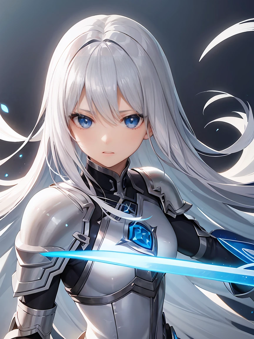 Gray hair straight long、Blue Eyes、One Woman、solo、White Knight、Silver Armor、Clean sword、、Rin々Shii、Focus on the Opponent
