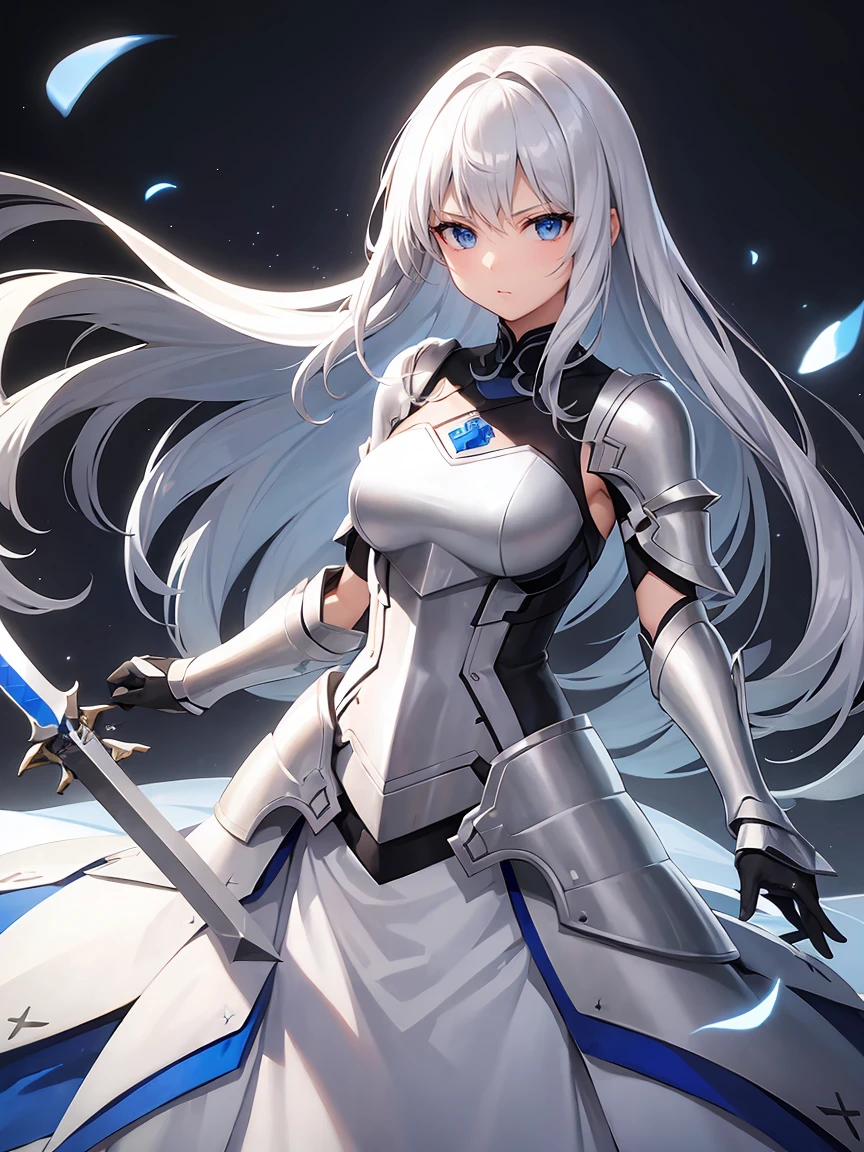 Gray hair straight long、Blue Eyes、One Woman、solo、White Knight、Silver Armor、Clean sword、、Rin々Shii、Focus on the Opponent
