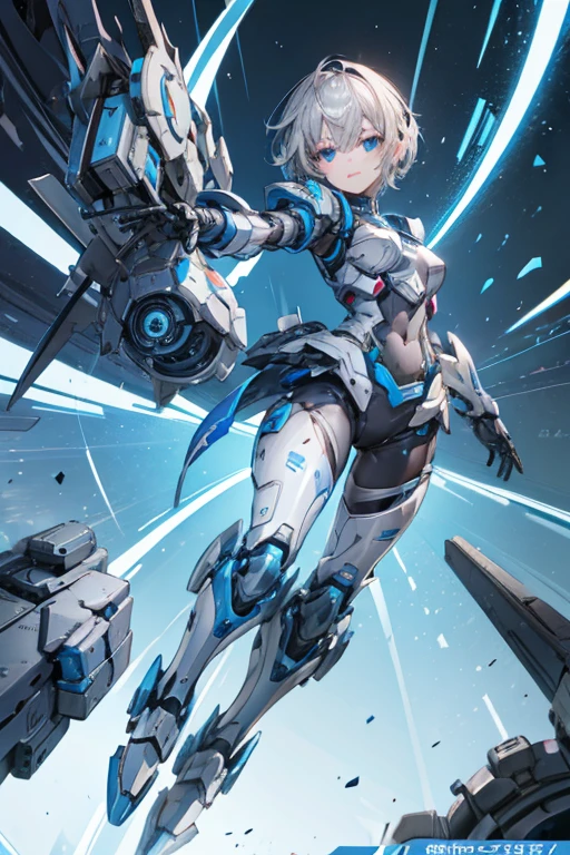 Female Android　Girl　masterpiece　Gray Hair　short　Blue armor　high school girl　Mechanical Combatant　whole body　smile