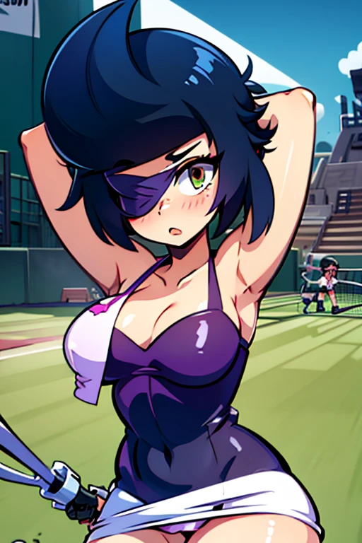 tennis girl in tight mini dress with straight hem revealing panty, gloved hands hidden behind head, blindfold
