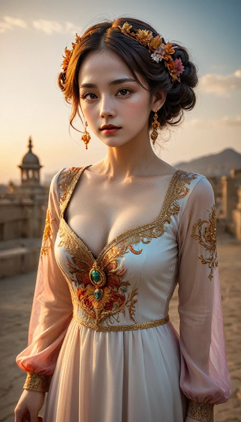 (Absurd, High resolution, Super detailed), One girl, Zodiac sign - Aries Goddess , alone, mature, Baroque, Long dress, Long sleeve, elegant, colorful, Most detailed, Upper Body , Sunset Hair . Eye of Fire . Brave, Selfish, Productive, The face of an enterprising humanitarian .