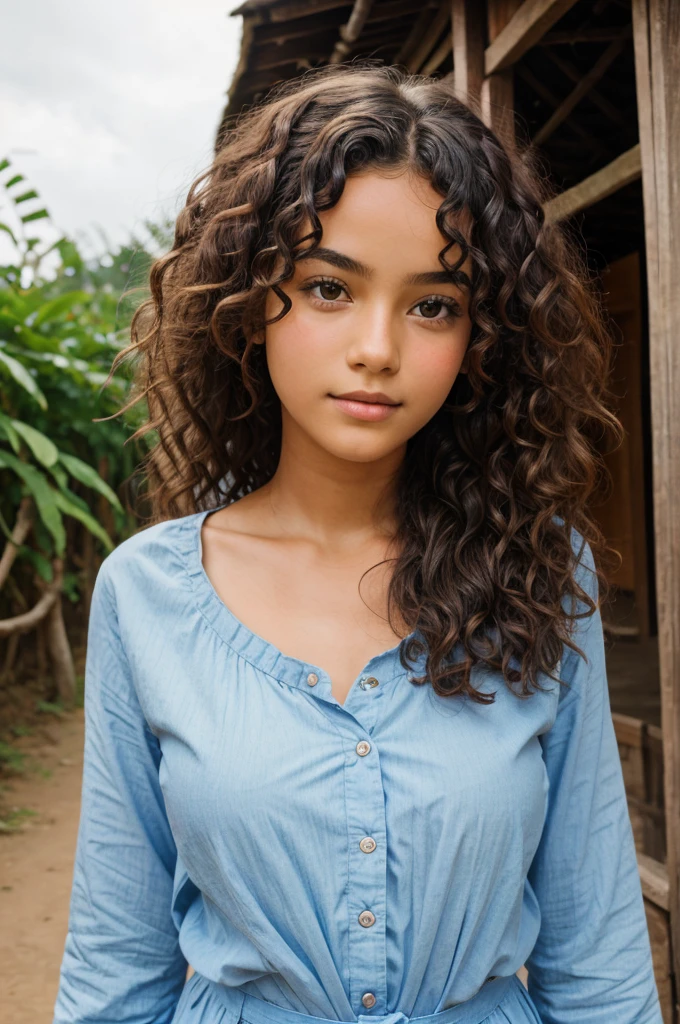 Simple beautiful girl in village slightly curly hair symmetrical face 