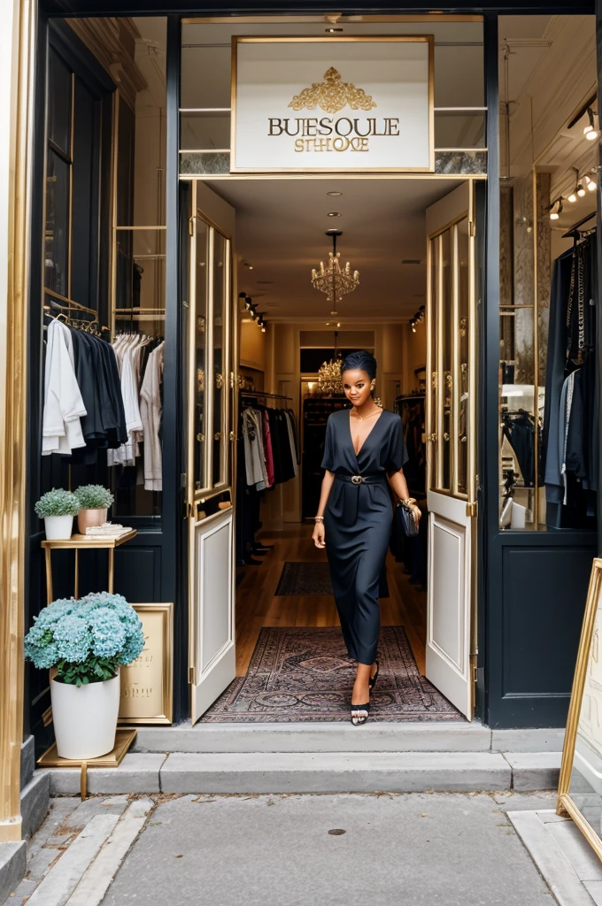 A chic and stylish entrance of a boutique or a beautifully arranged fashion studio.