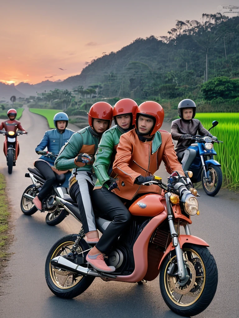 Create a very realistic picture, showing 5 Indonesian men, with clean faces, standing next to a random colored sports motorbike, they are wearing random colored leather jackets, black trousers and random colored shoes. Helmets are placed on motorbikes. The background shows a blurry view of the road between beautiful rice fields, dusk or dawn, someone playing kite, high lighting, clear colors