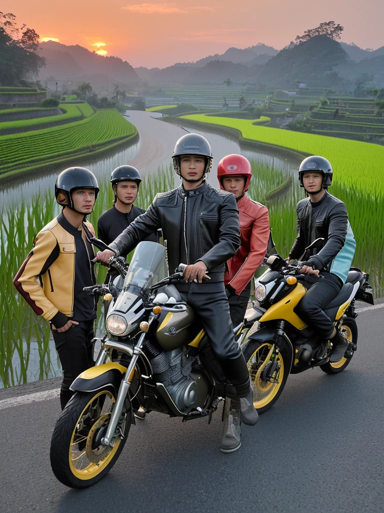 Create a very realistic picture, showing 5 Indonesian men, with clean faces, standing next to a random colored sports motorbike, they are wearing random colored leather jackets, black trousers and random colored shoes. Helmets are placed on motorbikes. The background shows a blurry view of the road between beautiful rice fields, dusk or dawn, someone playing kite, high lighting, clear colors