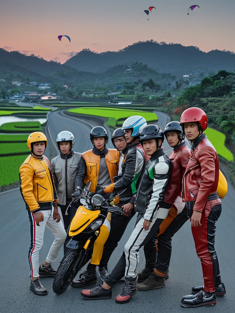 Create a very realistic picture, showing 5 Indonesian men, with clean faces, standing next to a random colored sports motorbike, they are wearing random colored leather jackets, black trousers and random colored shoes. Helmets are placed on motorbikes. The background shows a blurry view of the road between beautiful rice fields, dusk or dawn, someone playing kite, high lighting, clear colors