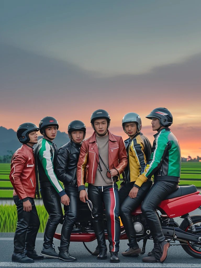 Create a very realistic picture, showing 5 Indonesian men, with clean faces, standing next to a random colored sports motorbike, they are wearing random colored leather jackets, black trousers and random colored shoes. Helmets are placed on motorbikes. The background shows a blurry view of the road between beautiful rice fields, dusk or dawn, someone playing kite, high lighting, clear colors
