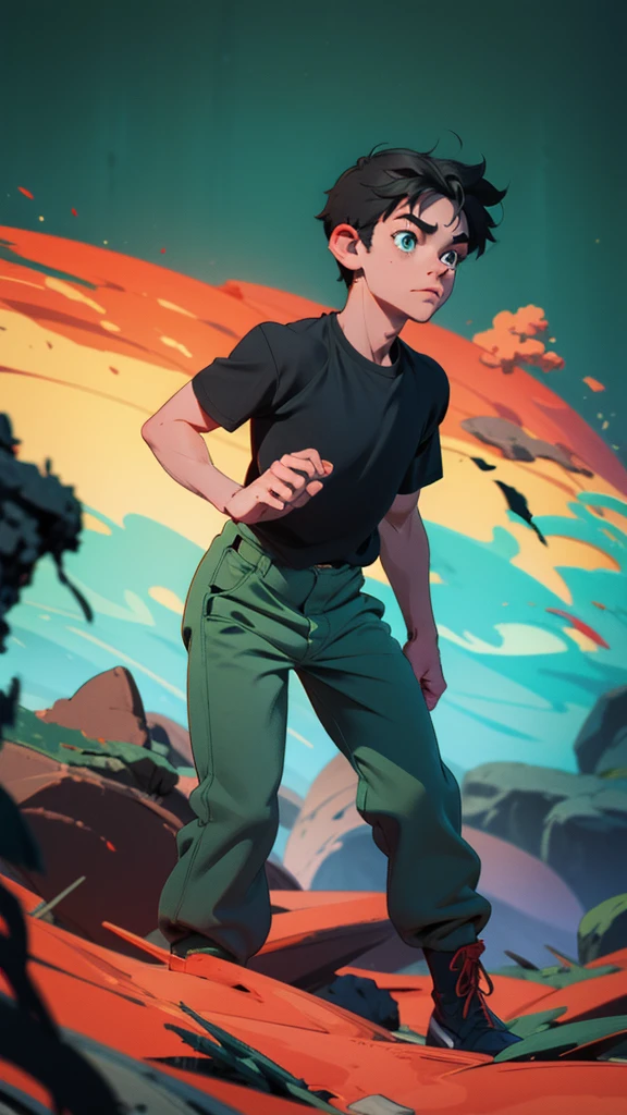 Little boy with black t-shirt and green pants
