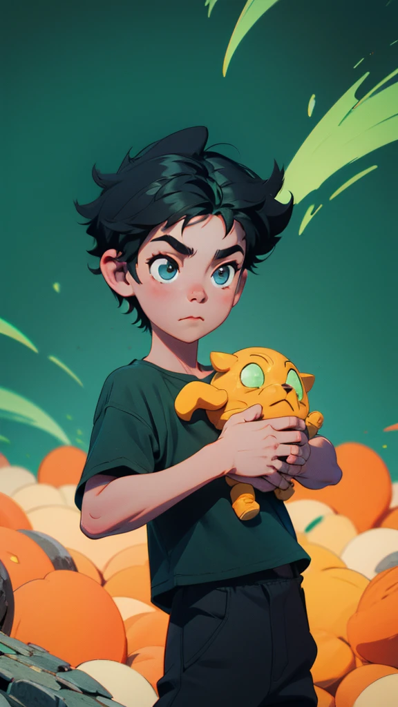 boy with black t-shirt and green pants