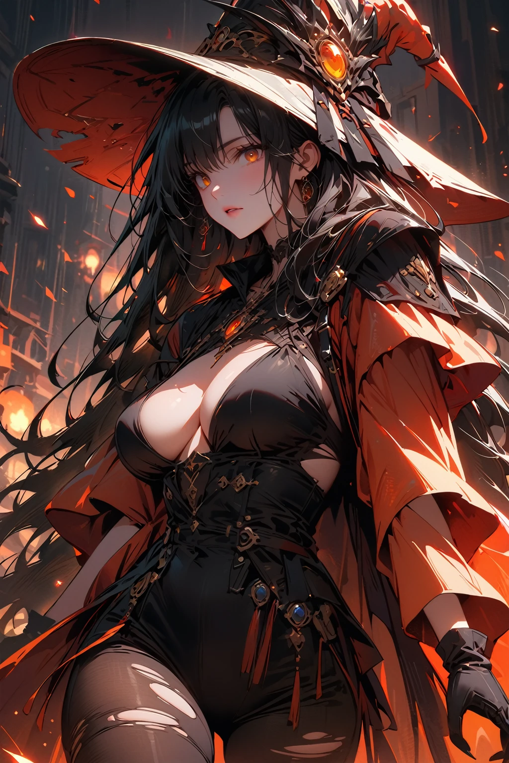 master piece, bokeh, best quality, photorealistic, ultra high resolution, 1 mature female, ultra detailed, (closeup portrait:1.2), ultra hd, antialiasing,

(black fur red cloak:1.2), (long red dress), (black dragon bone full body armor), intricate silver embroidery,

beautiful red eyes, (ultra detailed sexy armpit:1.4), glossy skin, super huge ample breasts, long black hair, tanned skin,

(desert castle), strong back lighting, volumetric lighting, soft lighting, overhead lighting, dreamy