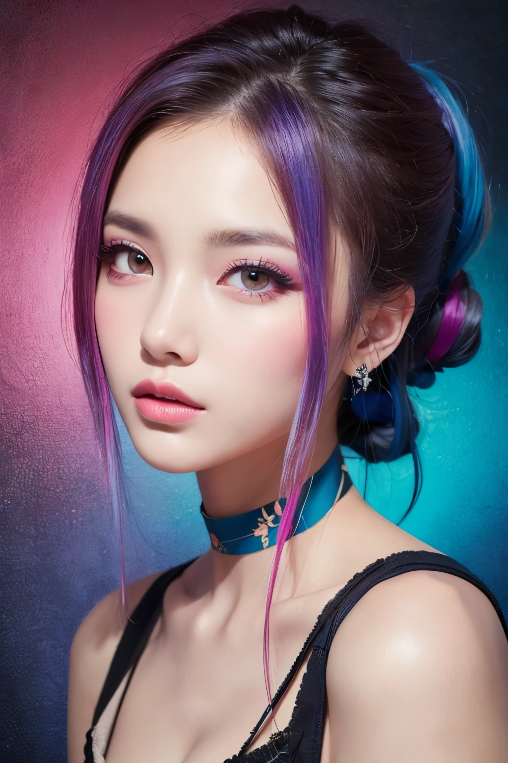 high quality, High resolution, masterpiece, completion, detailed.impressive, Cutting-edge female photography portraits, Showcasing a bold and daring street-art style.( Facing forward)、beautiful woman、The way you look at the person you love、A dreamy look、cyan, and purple, Her vibrant makeup really catches the eye.. Her colorful hair is tied up high, Blue and pink hues in harmony. 背景には蛍光クロムイエローand purpleの魅惑的なグラデーションが施されています, Blends seamlessly with the dynamic colors of your subject. This powerful combination of hyper-detailed realism and artistic expression creates a vivid,