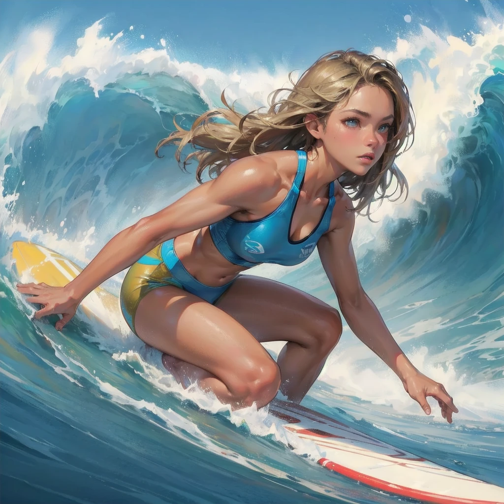 masterpiece, (textured skin), best quality, gorgeous beautiful girl, (a female surfing athlete), detailed clothes,large breasts,narrow waist,, (beautiful face), cinematic lighting, (at surfing venue ),