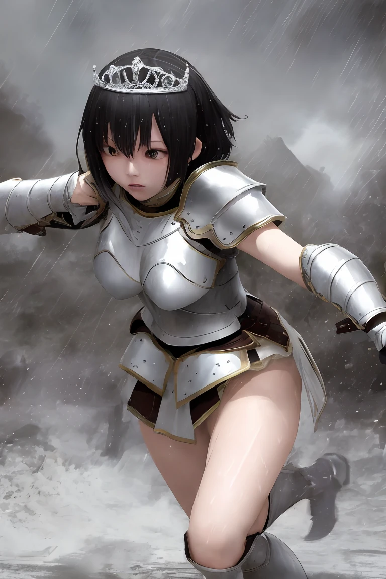 female knight White mini skirt Black Hair hair band armor tiara battlefield In combat White panties heavy rain