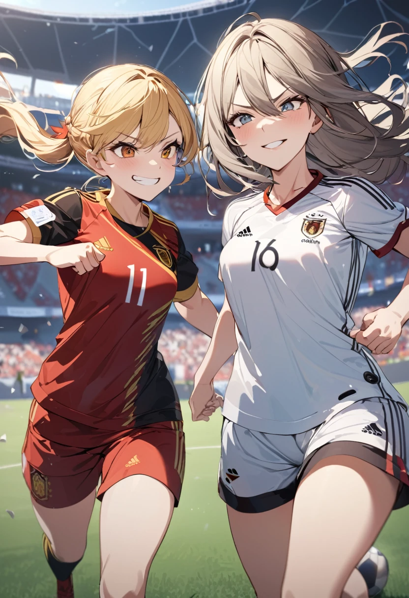 (award winning, 8k, super detailed, high resolution, best quality) , illustration about football, (two girls), girl on the left with blonde hair in ((spain soccer uniform)) and smirk expression, girl on the right with black hair in ((germany soccer uniform)) and (timid expression), (running side by side), ((beautiful girls)), football stadium, fighting spirit.