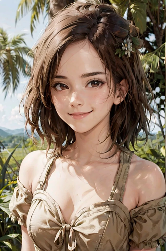 (masterpiece), (Highest quality), (Super detailed), (Disheveled Hair), (figure), (1 girl), (interview), (A quick background), Beautiful attention to detail, 繊細でBeautiful Face, floating, (High saturation), (Shine), Focus on the face, Black Hair, bangs, A big smile, floating Hair. girl, Girl in Love, Pixiv illustration, Highest quality, Very detailed, smile, Smart, Beautiful Face, 4K, nature, Sunlight filtering through the trees,