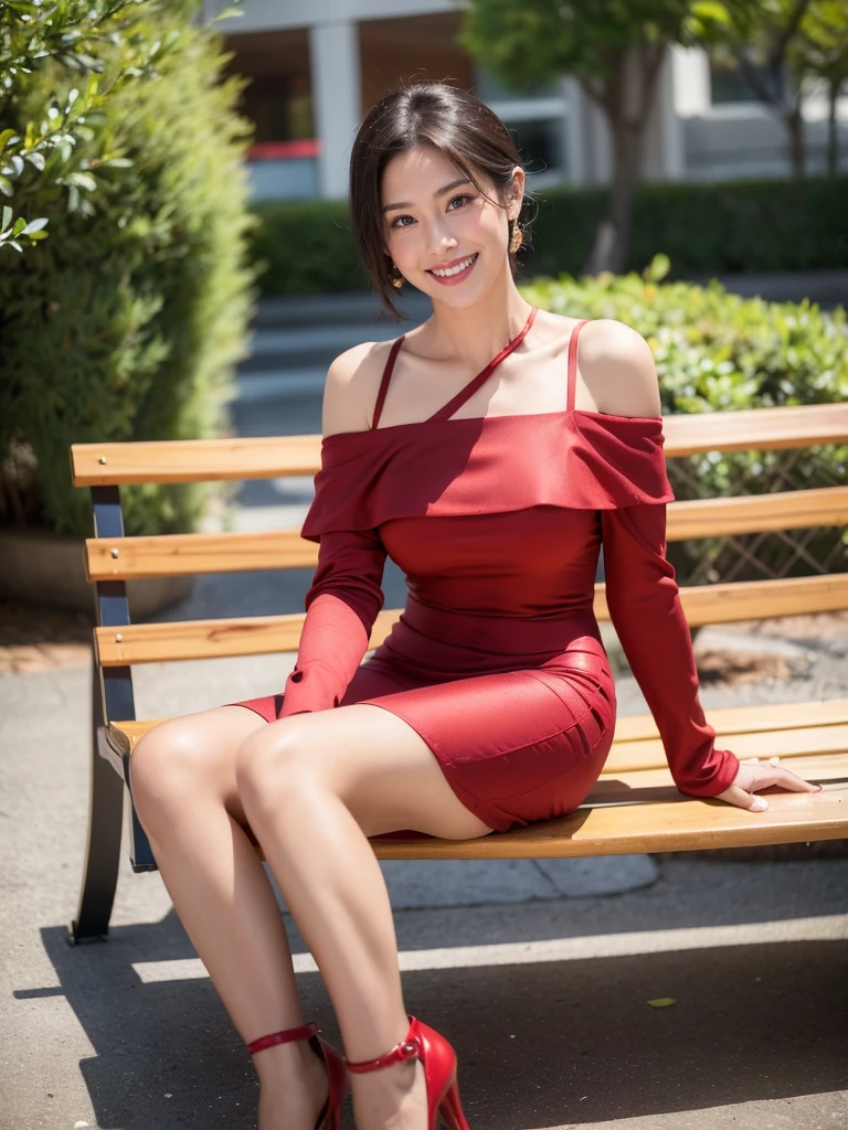 最high quality, 8K, Masseter area, Energetic, Clear focus, high quality, high resolution, Delicate face, Fine particles, thick lips, (Looking at the audience), Solitary, Beautiful woman, 38 years old, Plum, Black short hair, (Red Off-shoulder Spaghetti Strap Dress:1.5), afternoon、In front of the park garden,(Sitting on a bench:1.5)、((Smile:1.5))、((Wearing black high heels))