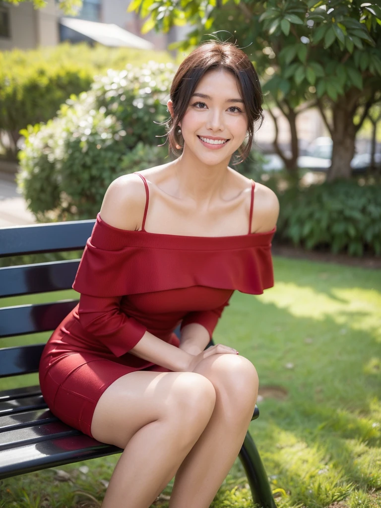 最high quality, 8K, Masseter area, Energetic, Clear focus, high quality, high resolution, Delicate face, Fine particles, thick lips, (Looking at the audience), Solitary, Beautiful woman, 38 years old, Plum, Black short hair,  (Red Off-shoulder Spaghetti Strap Dress:1.5), afternoon、In front of the park garden,（Sitting on a bench：1.5）、((Smile:1.5))、((Wearing black high heels))
