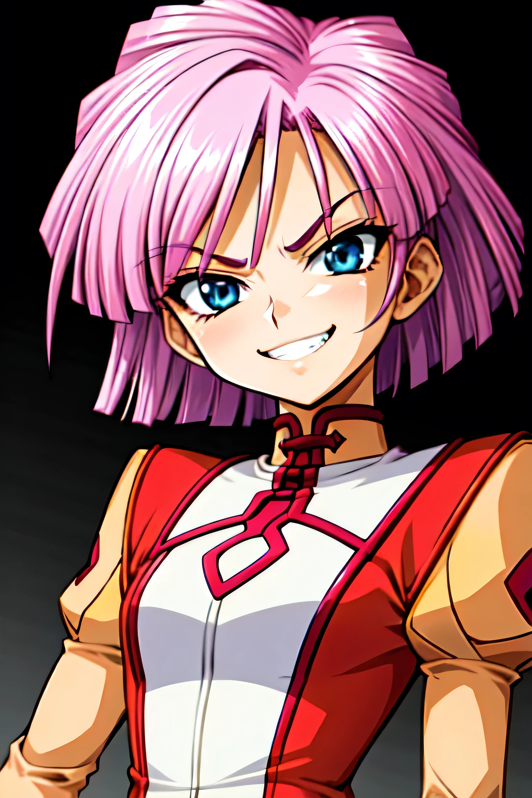 (best_quality 4K, 8K, High resolution, Masterpiece: 1.2), ultra detailed),from_below,(anime_screencap),(1girl,solo),dynamic_angle,too evil_smile,too evil laugh at,tis,deep shaded_face,too sadistic,smile worst,,bob short hair,,,looking at viewer,upper body,black background,too worst smile,too bad smile,too evil smirk,