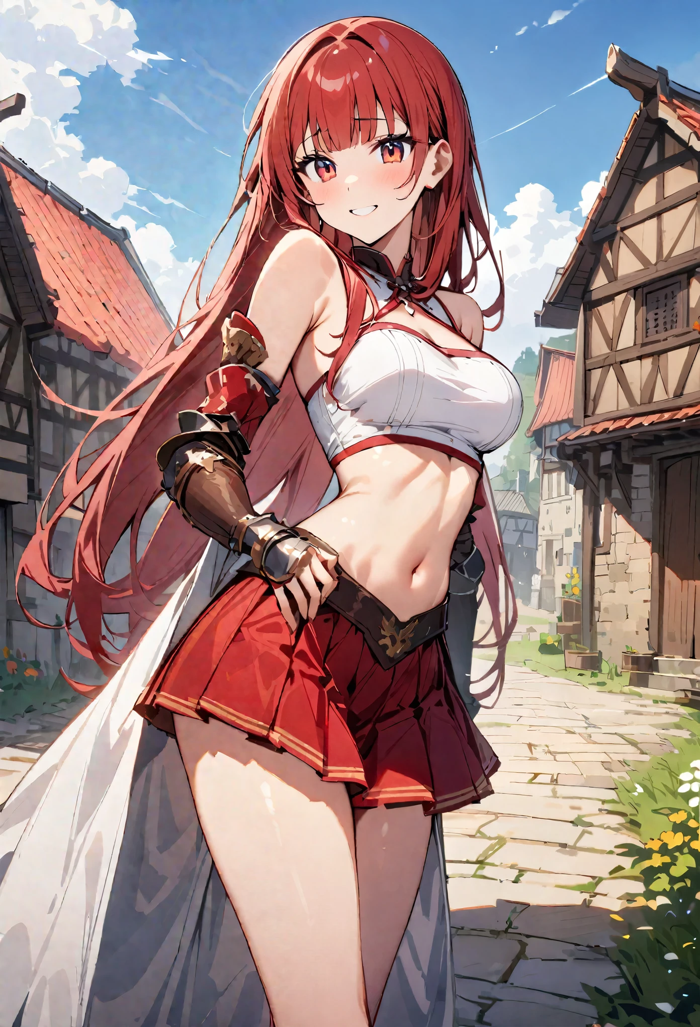 ((masterpiece,Highest quality:1.3)),1woman,30 year old beauty,独奏,((very small head:1.3)),red hair,long hair,blunt bangs,red eyes,gorgeous eyes,shy,smile,medium breasts,((very long body:1.3)),((toned body,slender body,)),skinny,gleaming skin,shiny skin,((Red pleated mini skirt)),(White tube top、navel、bara shoulder),((Red mini skirt))、Leather Gauntlets、、rural area、sunny、Medieval Europe、