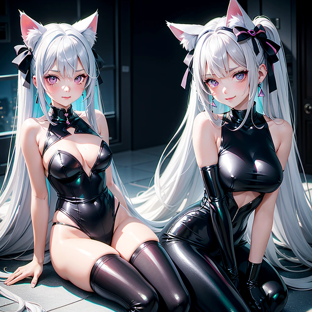 Silver hair, pink eyes, body, cat ears, sexy girl, earrings, background fantasy, teal uniform, hair bows, sit down, happy face