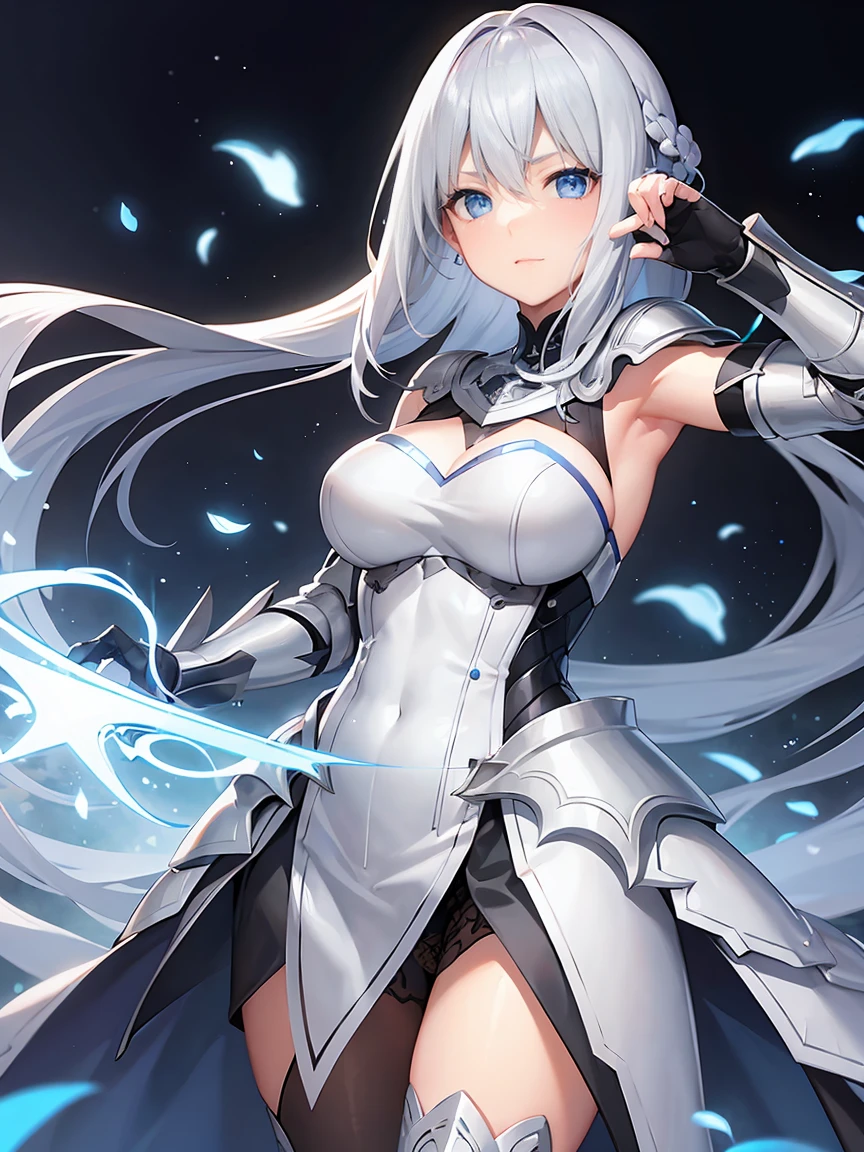 Gray hair straight long、Blue Eyes、One Woman、solo、White Knight、Silver Armor、Clean sword、、Rin々Shii、Focus on the Opponent
