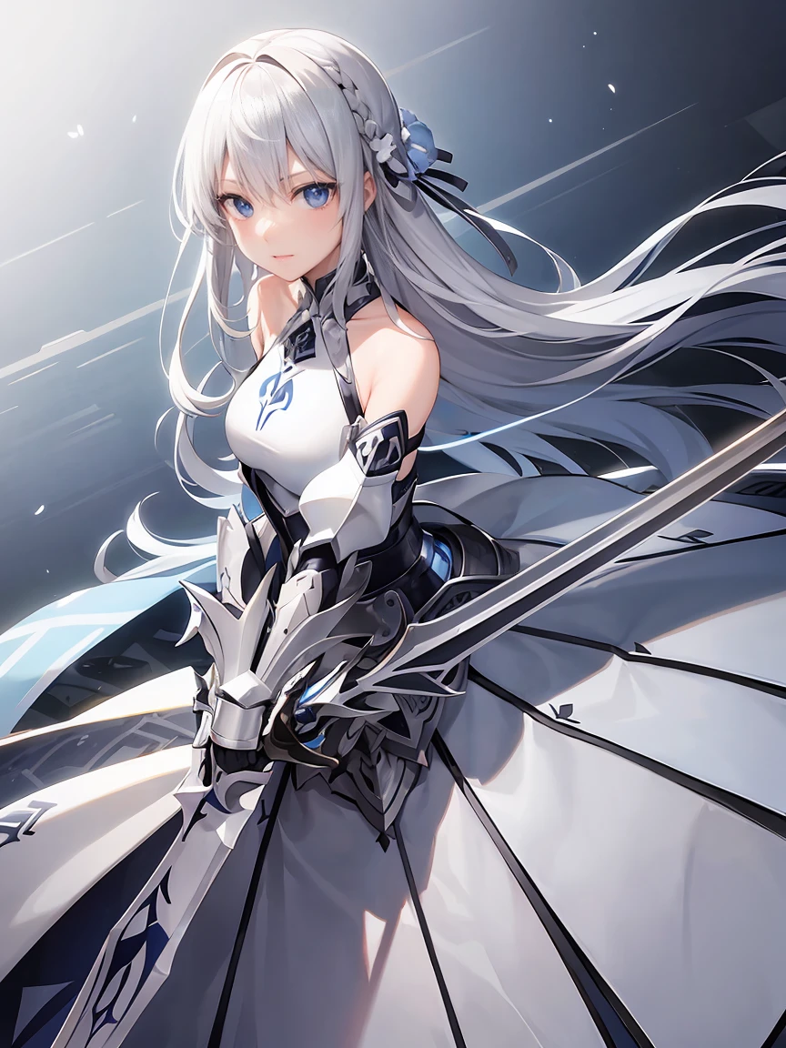 Gray hair straight long、Blue Eyes、One Woman、solo、White Knight、Silver Armor、Clean sword、、Rin々Shii、Focus on the Opponent