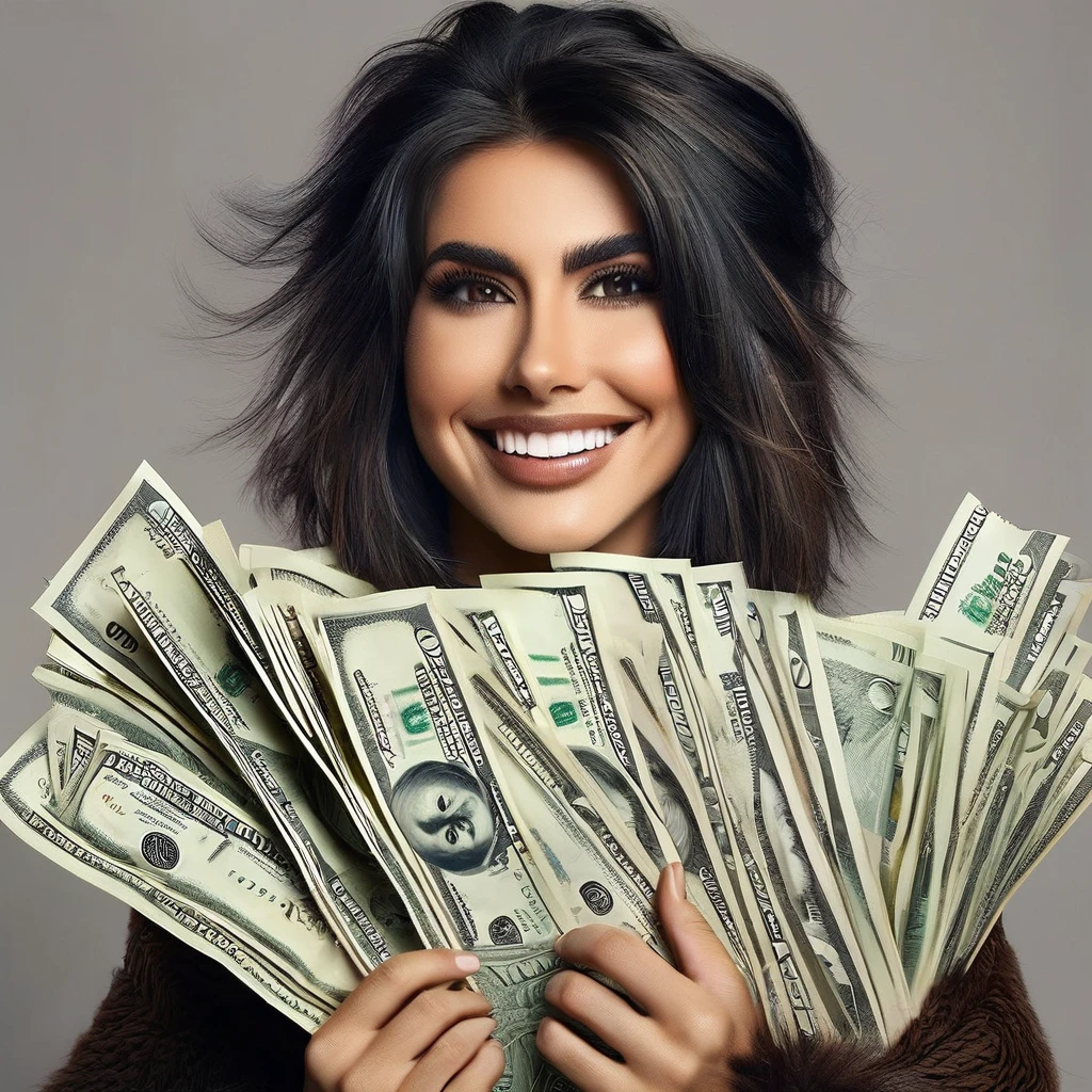 bearded woman beautiful shaggy beard, black hair, brown eyes, eyeliner, proud smile, seductive look, hold a load of dollar bills