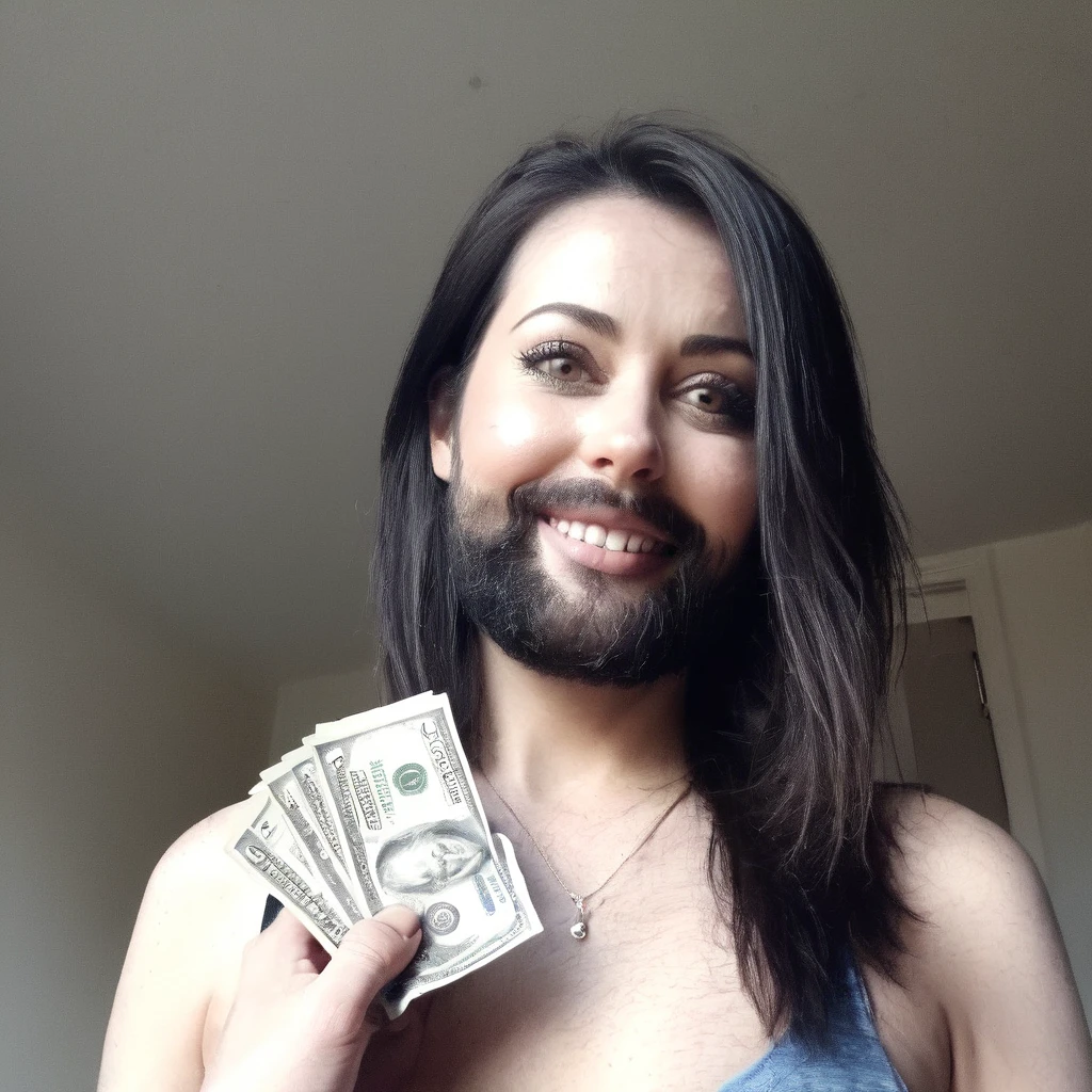 bearded woman beautiful shaggy beard, black hair, brown eyes, eyeliner, proud smile, seductive look, hold a load of dollar bills