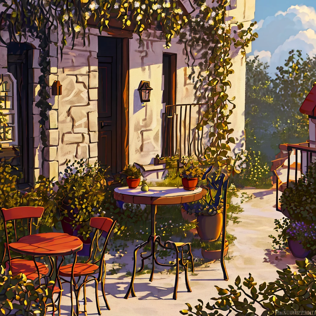 painting of a table and chairs outside a house with a bunch of grapes, inspired by Guido Borelli da Caluso, by Guido Borelli da Caluso, beautiful digital painting, beautiful high resolution, beautiful oil matte painting, beautiful digital artwork, high detailed oil painting, highly detailed digital painting, realistic painting style, gardening, by Grzegorz Rutkowski