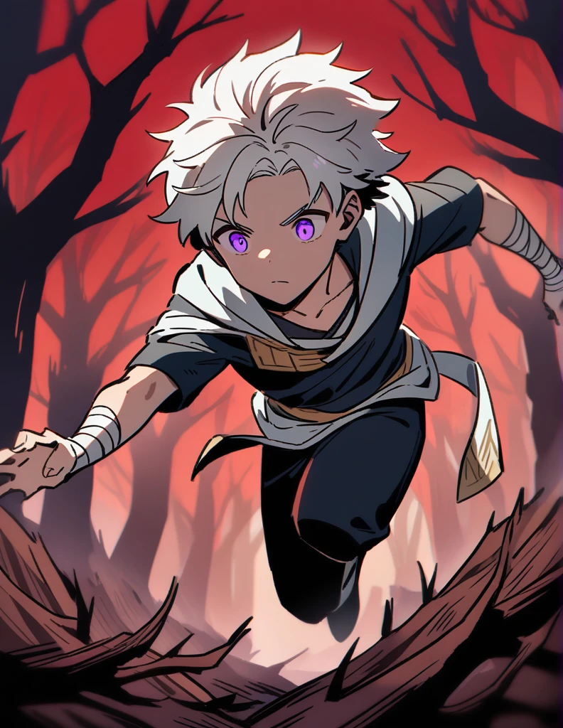 white-haired Greek boy, with violet eyes, with bandaged wrists, running sideways in a red forest of dead trees