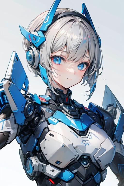 Female Android Girl masterpiece Gray Hair short Blue armor high school girl Mechanical Combatant Upper Body smile