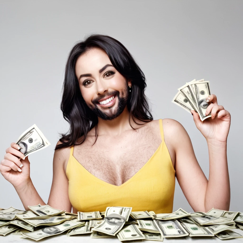 bearded woman beautiful shaggy beard, black hair, brown eyes, eyeliner, proud smile, seductive look, hold a load of dollar bills