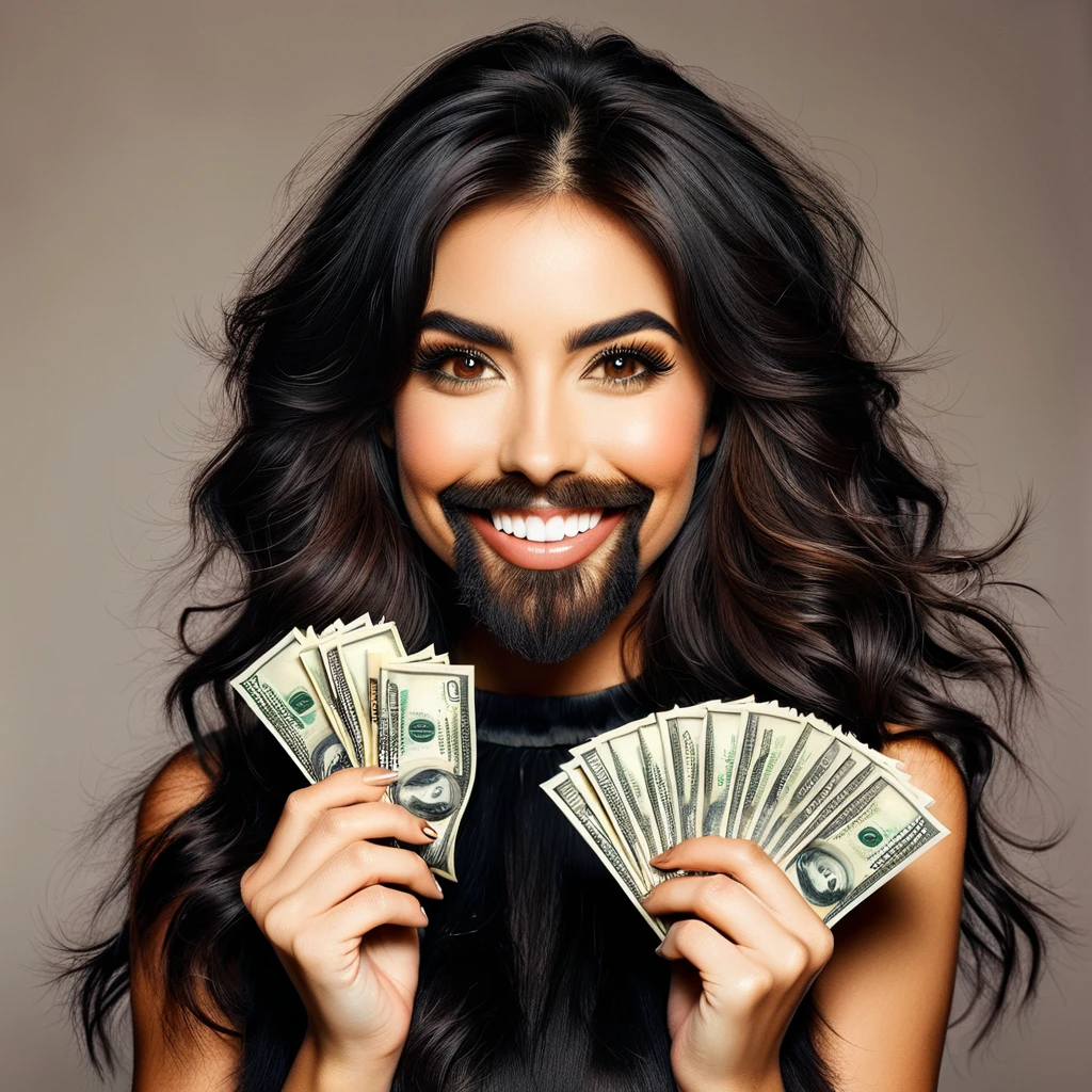 bearded woman beautiful shaggy beard, black hair, brown eyes, eyeliner, proud smile, seductive look, hold a load of dollar bills