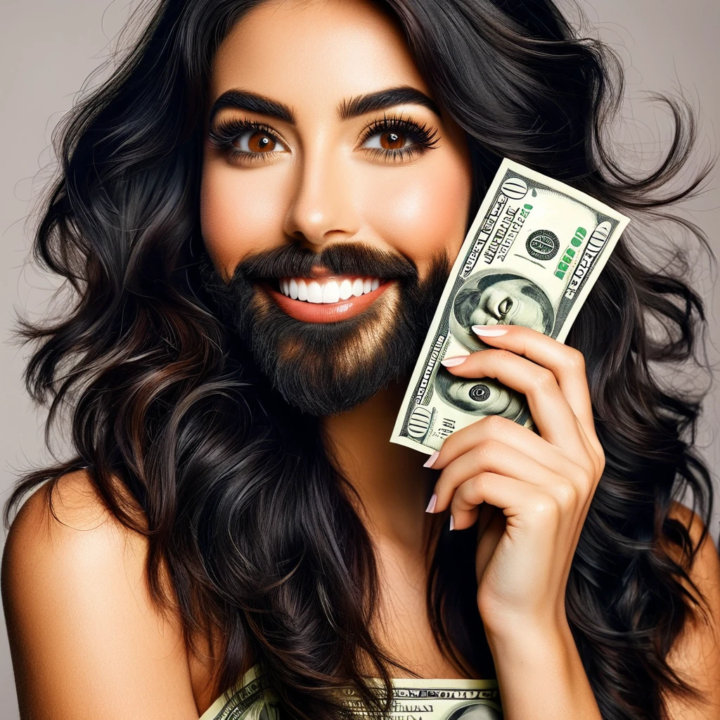 bearded woman beautiful shaggy beard, black hair, brown eyes, eyeliner, proud smile, seductive look, hold a load of dollar bills