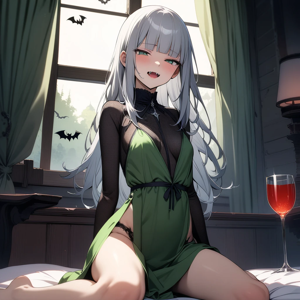 (masterpiece),(best quality),very aesthetic,(ultra-detailed),(illustration),(degenerate),very aesthetic,1girl,,slender,long hair,silver hair,straight hair,disheveled hair,(blunt bangs),dark blue alluring eyes,sleepy,half closed eyes,condescending look,An elegant and sophisticated outfit perfect for a party, featuring a velvet long negligee with dark blue lace accents sleeves,ecstasy,happy,inroom,on bed,wariza,daytime,Lascivious atmosphere,fantastic atmosphere,Sunlight shining through the window,forest landscape,curtains flutter in the wind,Toxic green colored lace thong,Old furnishings,dusty room,cowboy shot,looking at viewer,(fangs), vampire, tomato juice glass, dark fantasy, bat, black castle