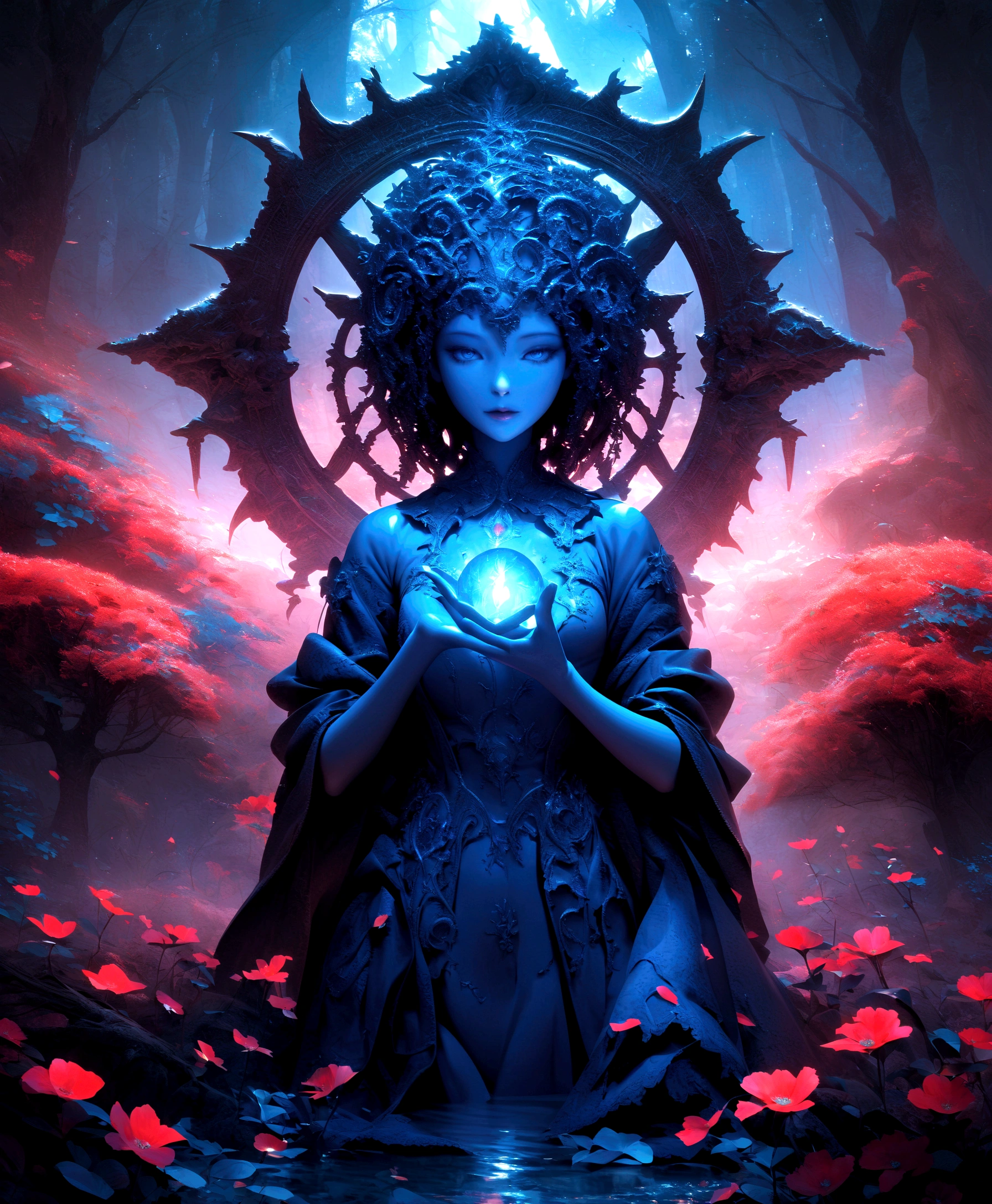 surrealist art breathtaking A stunning high quality photo of a mystical figure with a blue hue, adorned with an ornate headdress that resembles a blend of tree branches and flowers. The figure's eyes are strikingly red, and it extends its hands towards the viewer, creating an ethereal and captivating aura. The background is a deep blue, adding to the enchanting ambiance. The figure seems to be emerging from a body of water, with a silhouette of a person visible at the bottom.. award-winning, professional, highly detailed . dreamlike, mysterious, provocative, symbolic, intricate, detailed