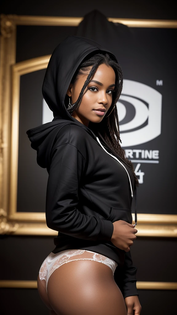 Photo professionnelle du corps entier, (Photo 4k:1.1), (mise au point nette:1.3), High detail, Métis woman, Elegant woman, ville, African Braided Hair, Coupe afro, Pose of the Instagram model, confiant, gros seins:1.2, anatomie parfaite, Perfect symmetry:1.2, Realstic, realistic face:1.2, visage parfait, contenu, confiant, highly detailed, et dramatique, lighting cinematic, Lighting scene, soft lights. (((black hoodie))), (smiling), (((war zone in background))), (((holding up a white sign))), white piece of paper, sfw, (((front view)))